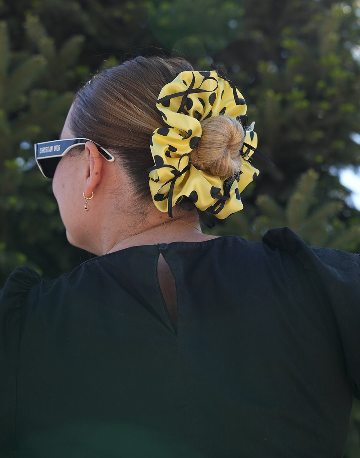Oversize Polka Ribbon Scrunchie - Yellow&Black